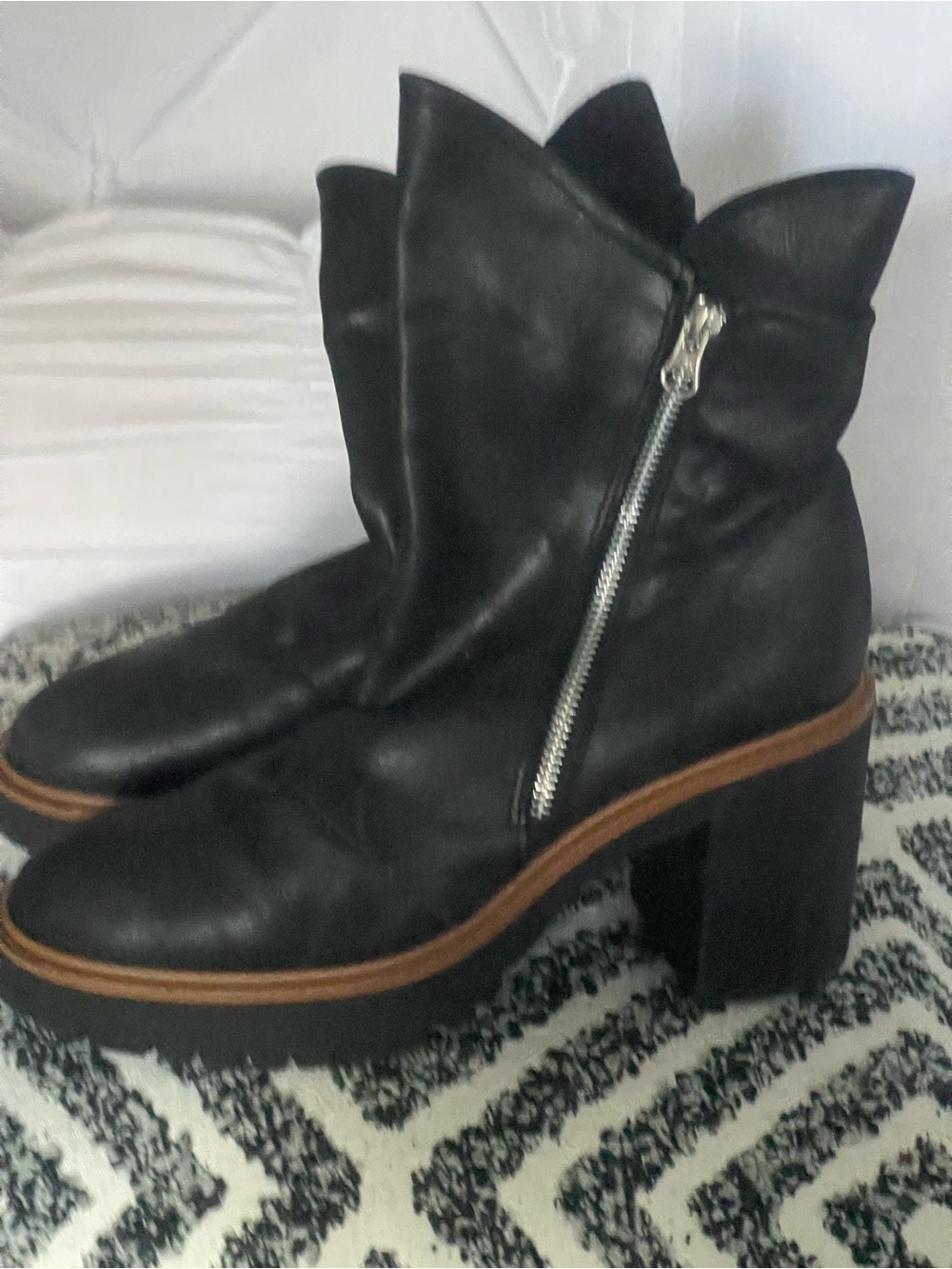 Free People Black Leather Chunky Heel Zip Ankle Boots